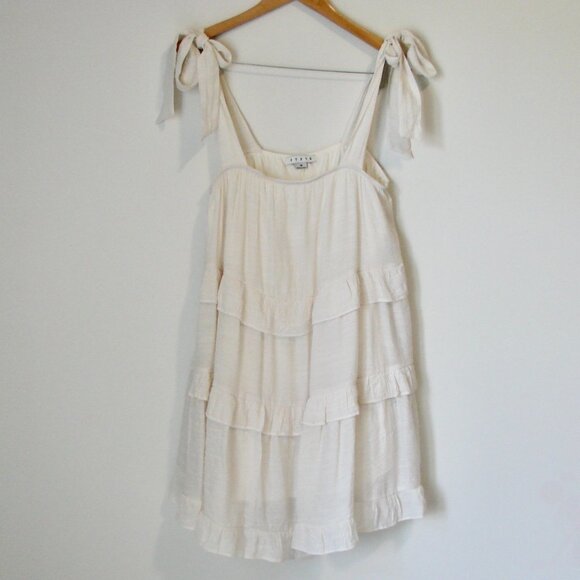 Hyfve Babydoll Mini Dress Cream Boho Tiered Ruffle Tie Sleeveless Straps Medium - Picture 4 of 13